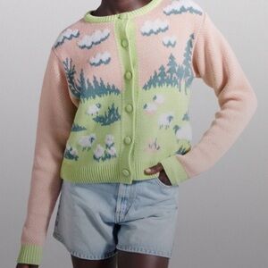 Zara Pastel Scenic Knit Cardigan in Peach, Lime & Sky Blue